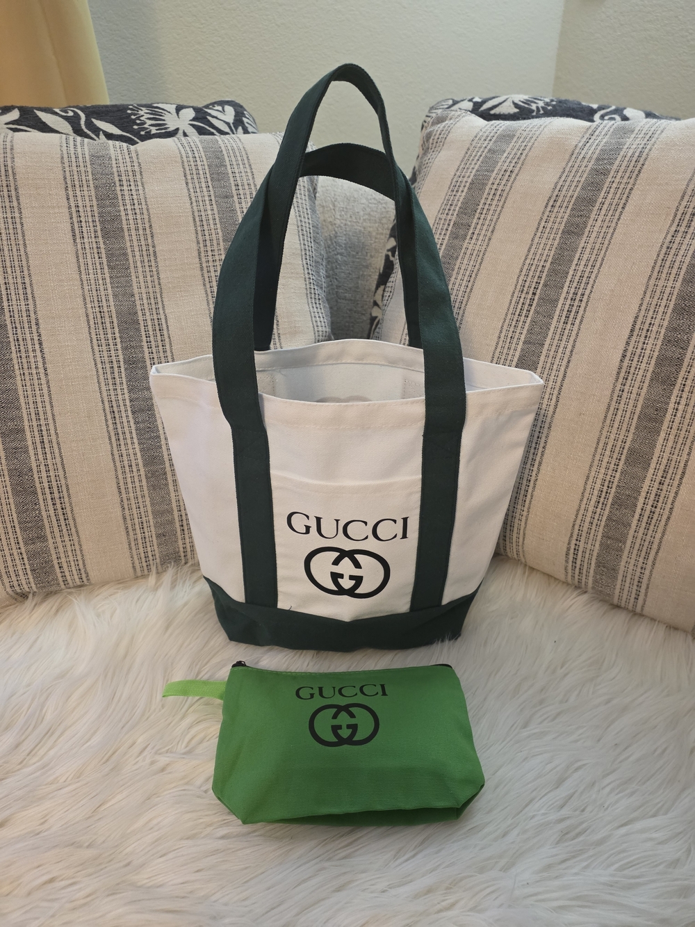 White Canvas Tote with Dark Green Trim and Pouch